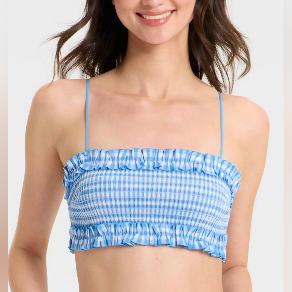 Colsie Blue and White Gingham Bandeau Bralette Crop Top